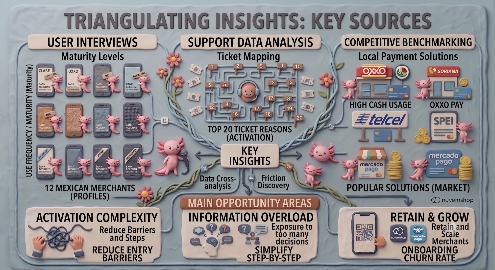 Triangulating insights: user interviews, support data analysis, and competitive benchmarking feeding key opportunity areas