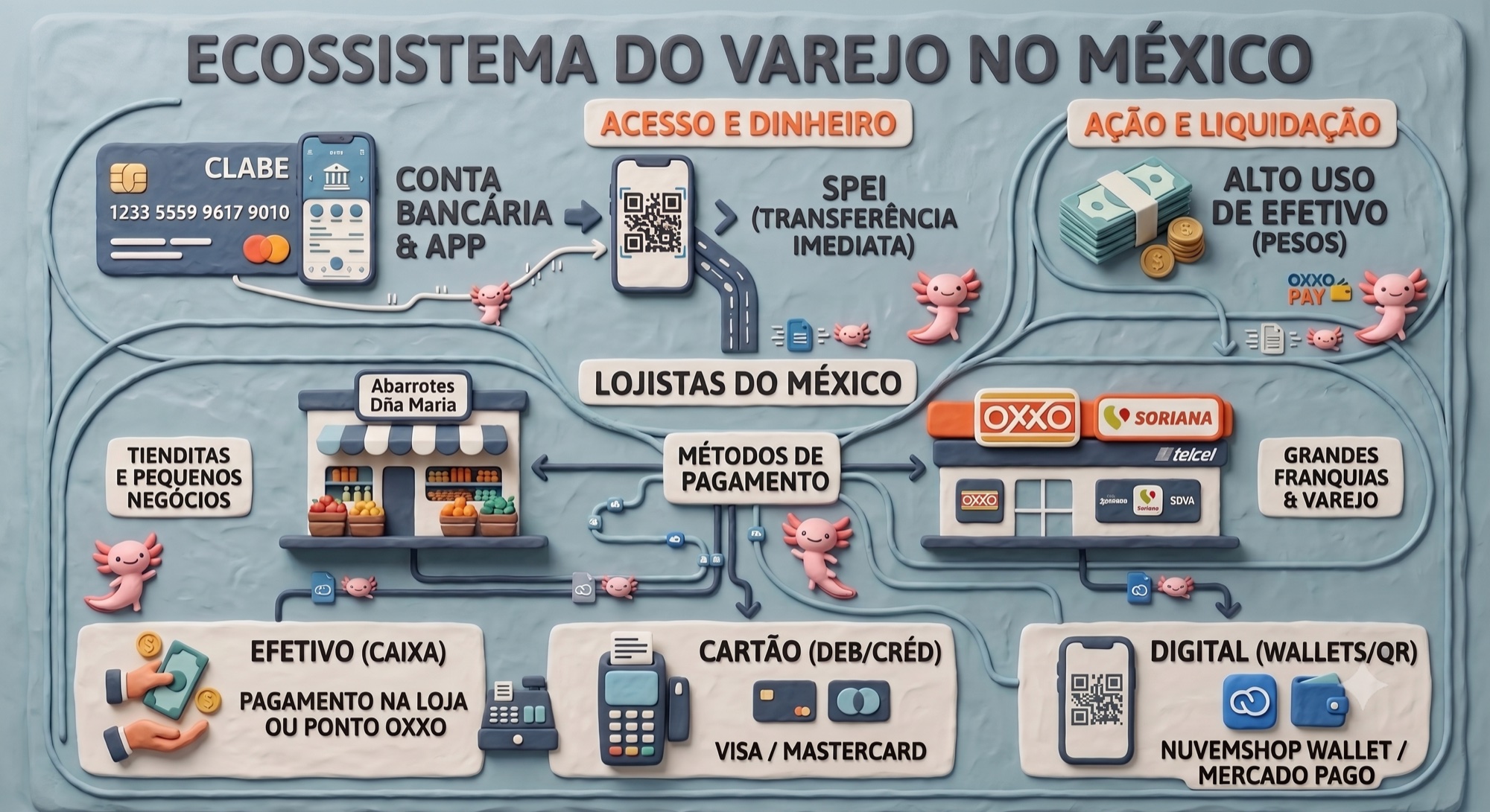 Ecossistema do varejo no México — métodos de pagamento, uso de dinheiro e cenário de lojistas