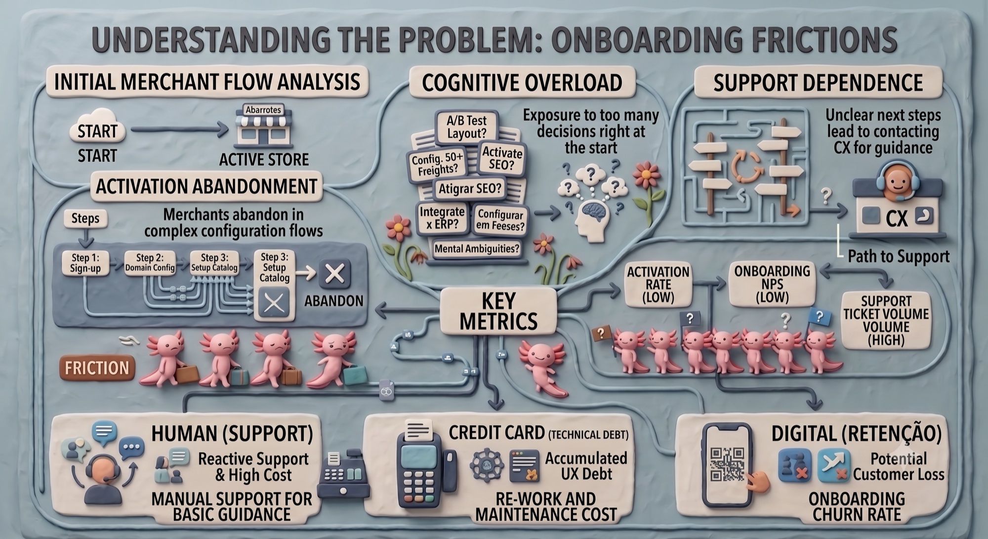 Diagram mapping onboarding frictions: activation abandonment, cognitive overload, and support dependence